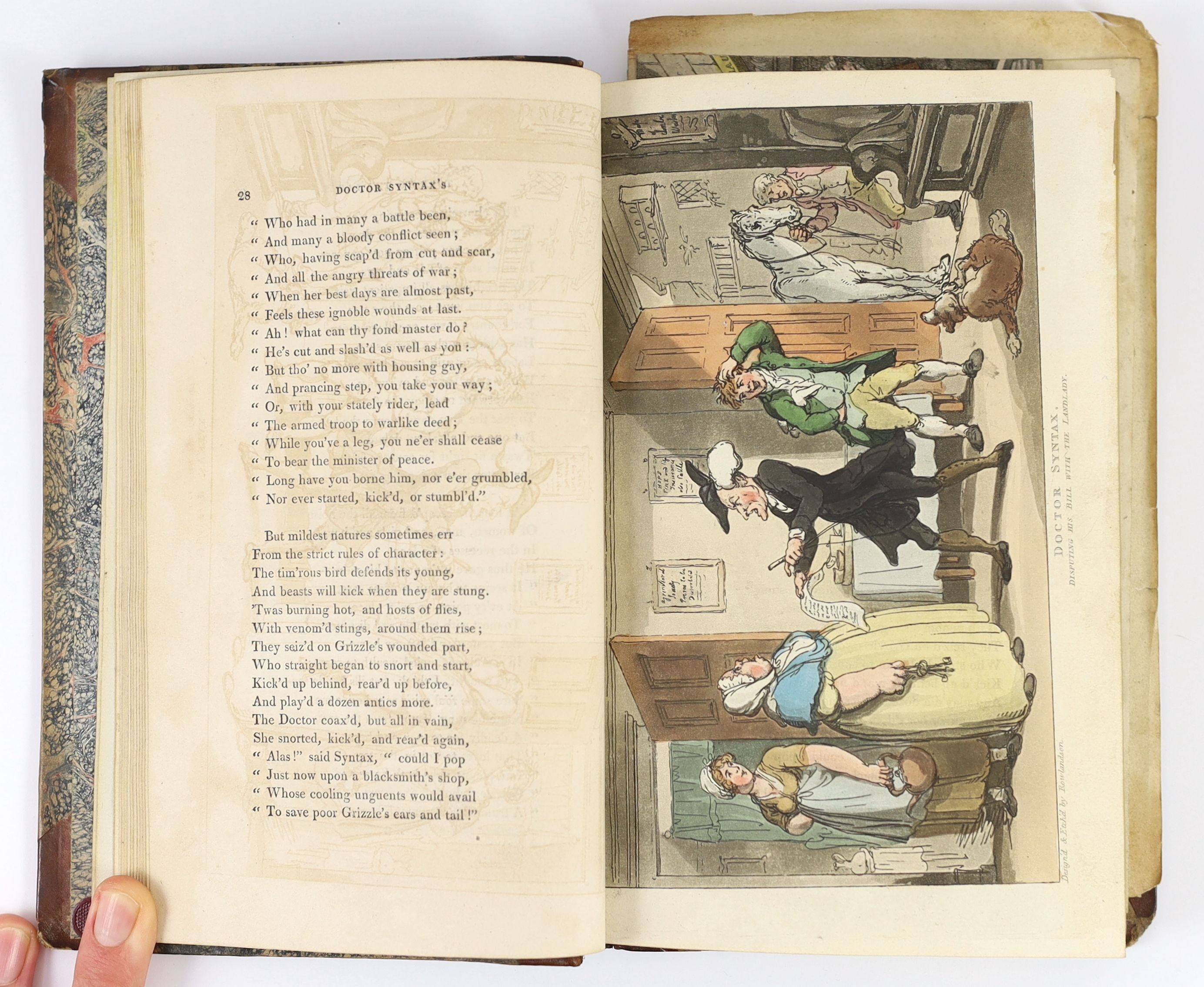 Coombe, William - The Tour of Doctor Syntax in Search of the Picturesque, 1st edition of text, with hand-coloured title and 30 aquatint plates, by Thomas Rowlandson, 8vo, half calf, London, 1812